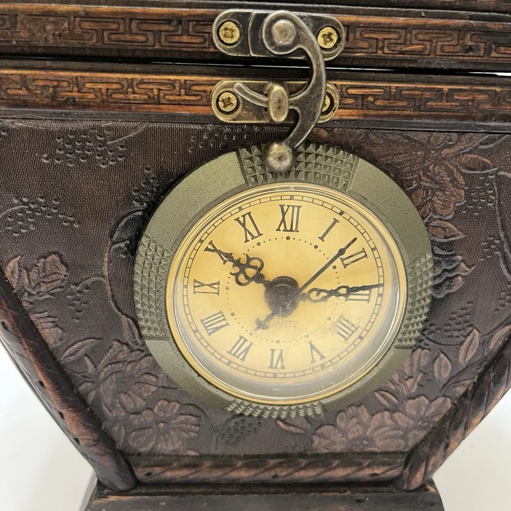 Vintage-Style Wooden Clock/Keepsake Box Hinged Lid Velvet Lined Latch Triangle
